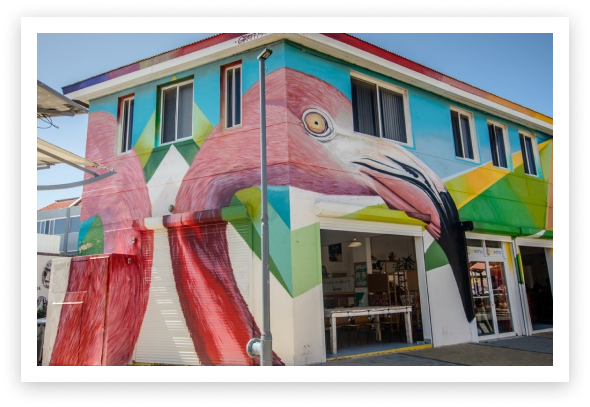 Colorful house in Aruba with flamingo design on the walls